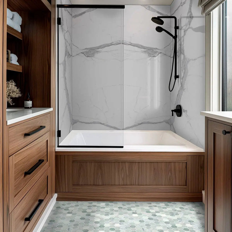 Montblanc Statuario Polished Porcelain Tiles 31.5x94.5 in a finished room