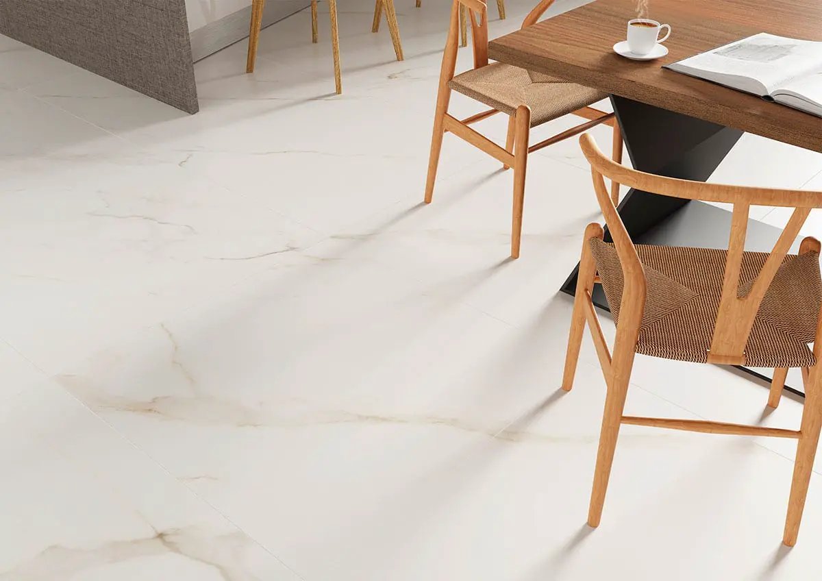 Monza Marbello Matte Marble Look Porcelain Tiles 35x35 in a finished room