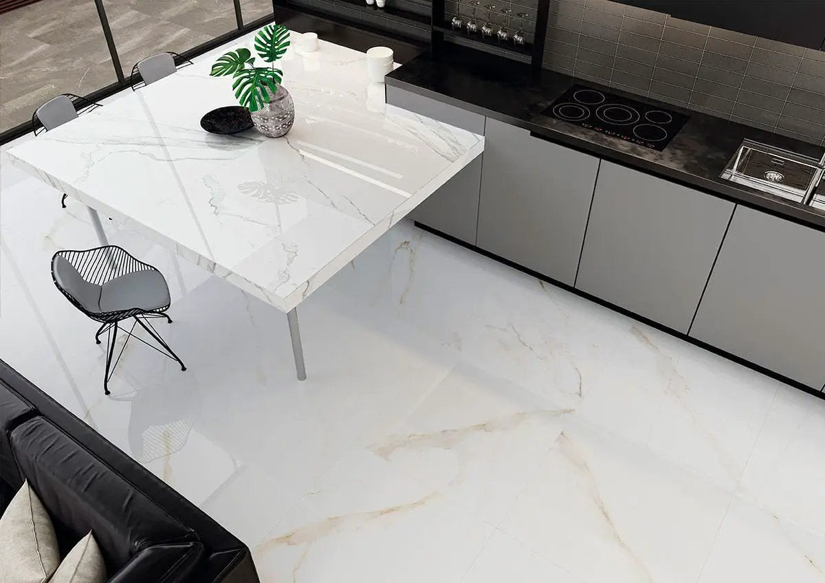 Monza Marbello Matte Marble Look Porcelain Tiles 35x35 in a finished room
