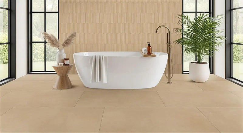 Murcia Dune Origin Matte Ceramic Tiles 16x48 in a finished room