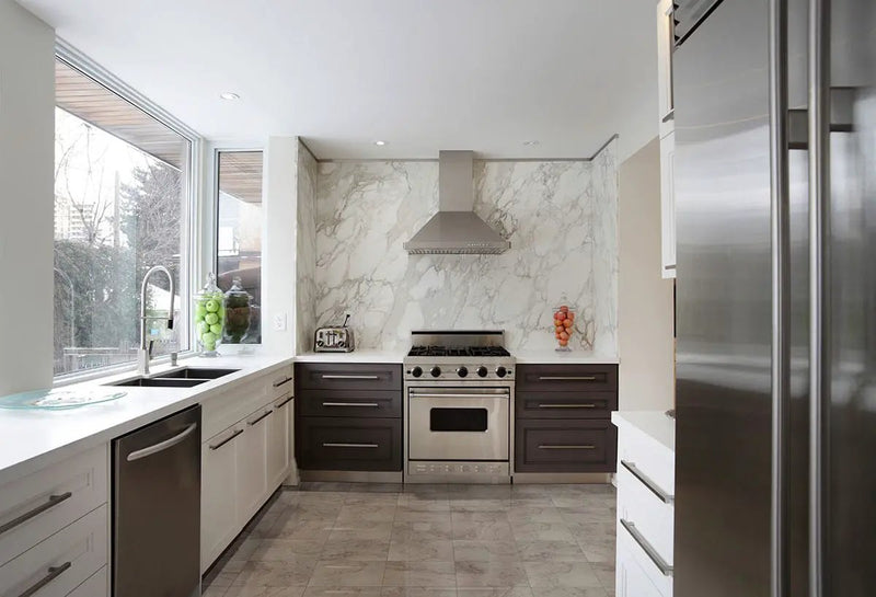 Napa Gray Matte Travertine Look Ceramic Mosaics 2x2 in a finished room