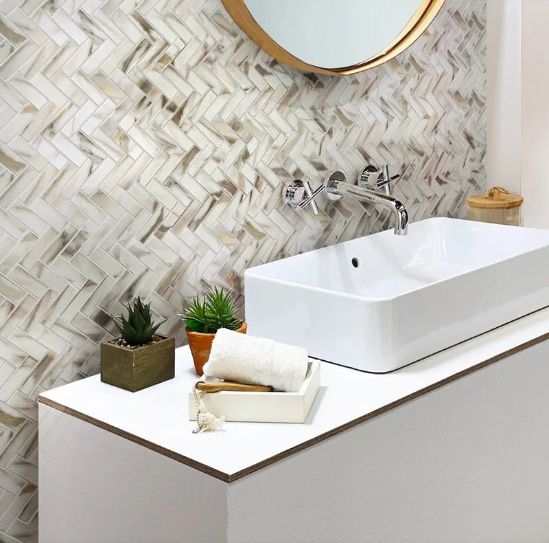 White Beige 11x13 Matte Herringbone Recycled Glass Mosaic Tile (10 pack, 9.625 sq ft/case) by Apollo Tile