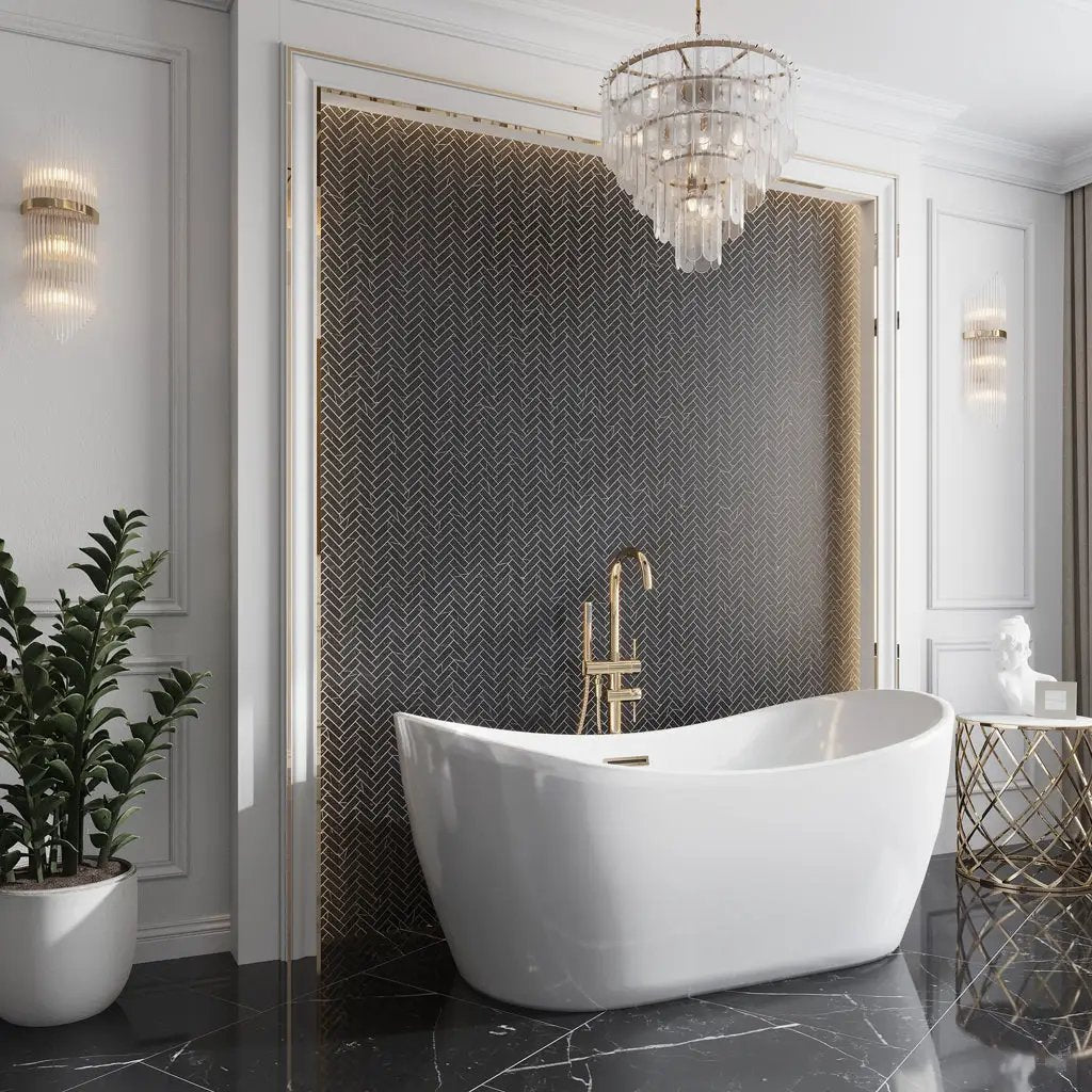 Black with White Vein 11x13 Polished Herringbone Glass Recycled Glass Mosaic Tile (10 pack, 9.63 sq ft/case) by Apollo Tile