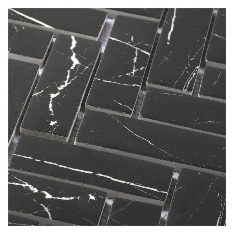 Black with White Vein 11x13 Polished Herringbone Glass Recycled Glass Mosaic Tile (10 pack, 9.63 sq ft/case) by Apollo Tile