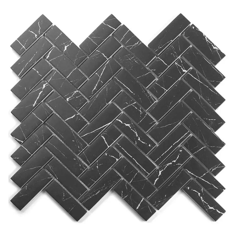 Black with White Vein 11x13 Polished Herringbone Glass Recycled Glass Mosaic Tile (10 pack, 9.63 sq ft/case) by Apollo Tile