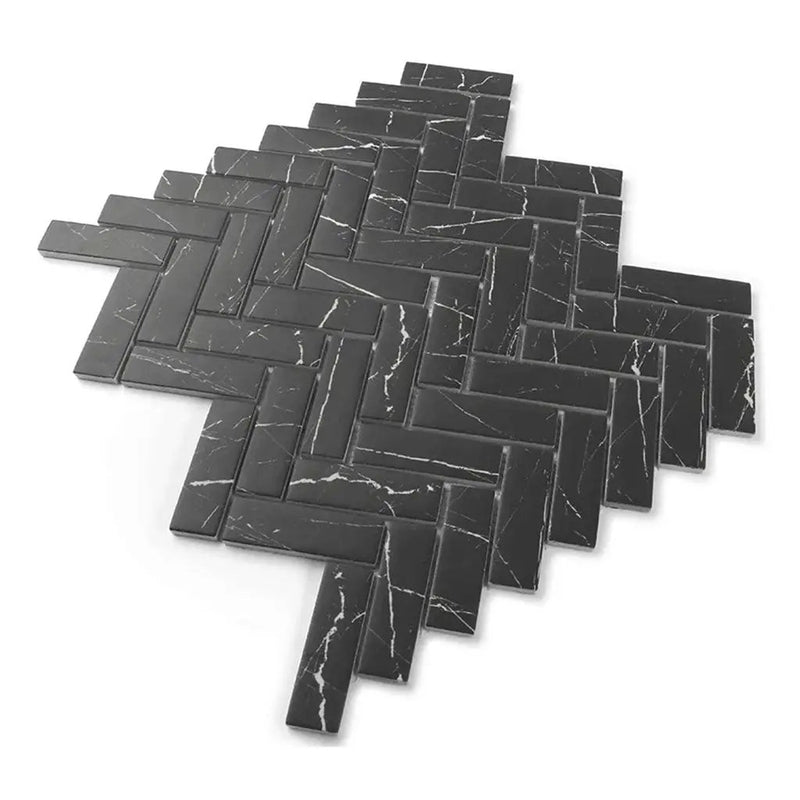 Black with White Vein 11x13 Polished Herringbone Glass Recycled Glass Mosaic Tile (10 pack, 9.63 sq ft/case) by Apollo Tile