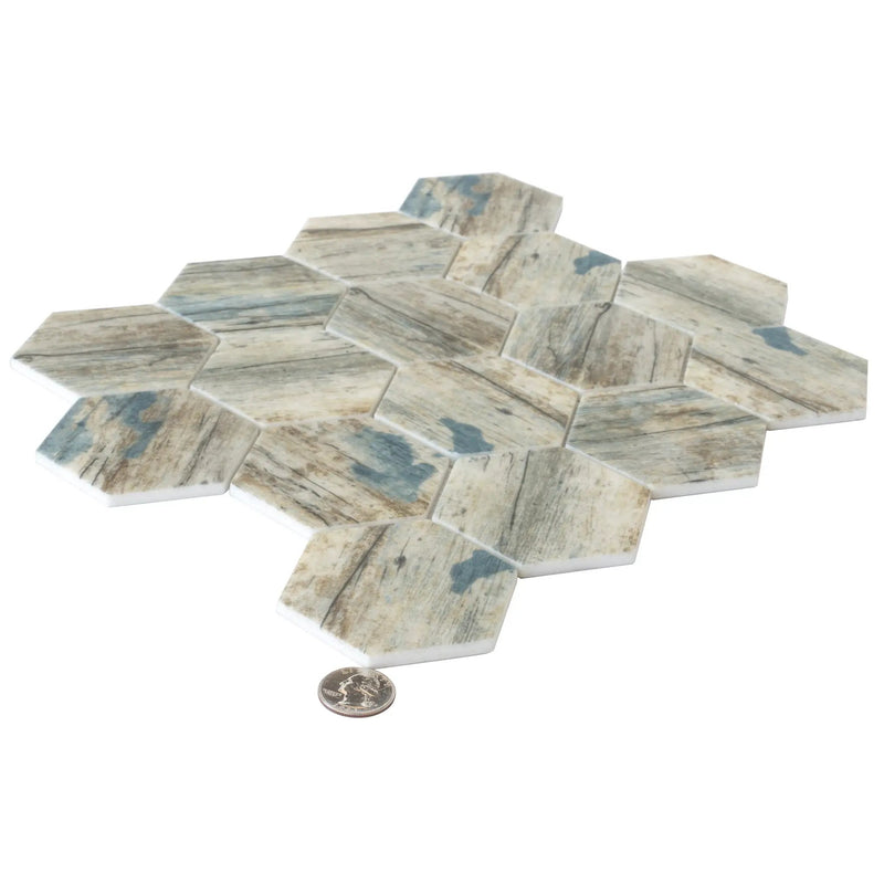 Blue Beige 10x12 Matte Hexagon Recycled Glass Mosaic Tile (10 pack, 8.29 sq ft/case) by Apollo Tile