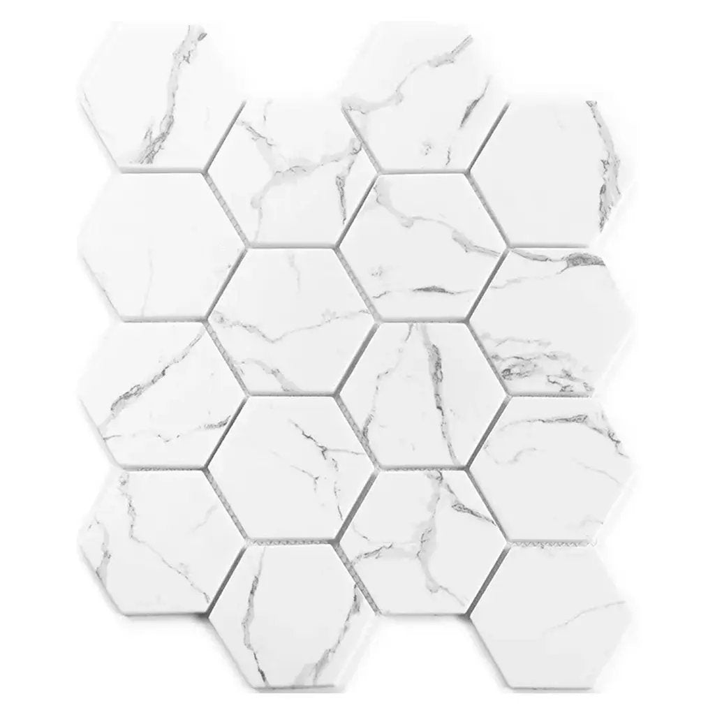 White with Gray Vein 10x12 Polished Hexagon Glass Recycled Glass Mosaic Tile (10 pack, 8.29 sq ft/case) by Apollo Tile