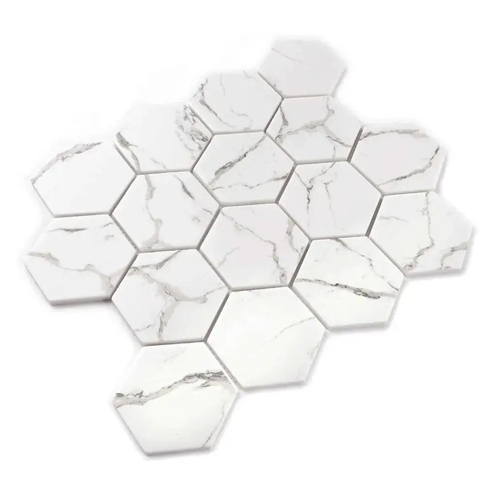 White with Gray Vein 10x12 Polished Hexagon Glass Recycled Glass Mosaic Tile (10 pack, 8.29 sq ft/case) by Apollo Tile
