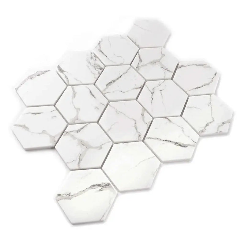 White with Gray Vein 10x12 Polished Hexagon Glass Recycled Glass Mosaic Tile (10 pack, 8.29 sq ft/case) by Apollo Tile