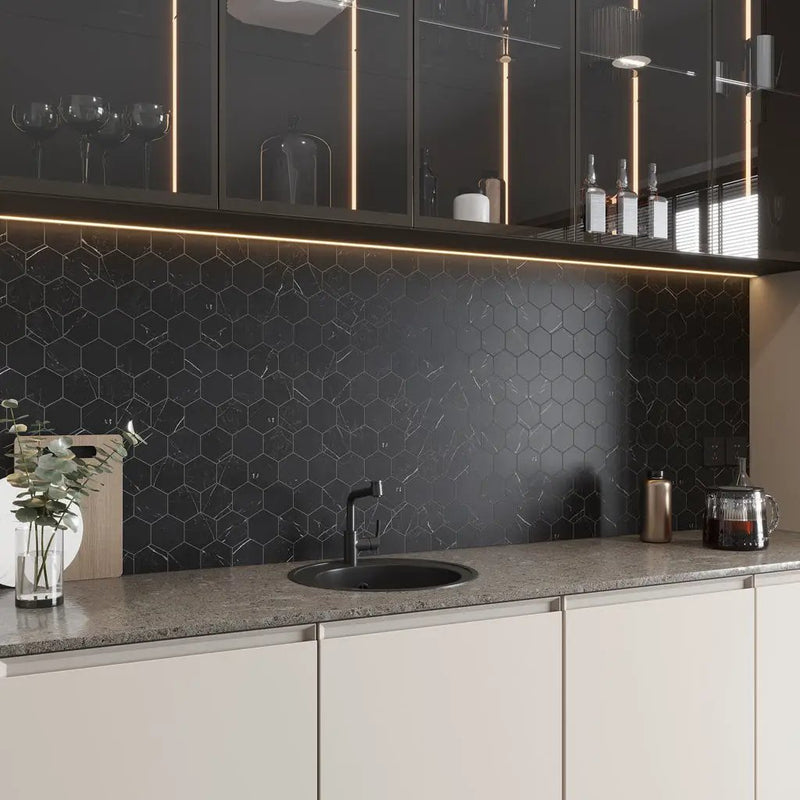 Black with White Vein 10x12 Polished Hexagon Glass Recycled Glass Mosaic Tile (10 pack, 8.29 sq ft/case) by Apollo Tile