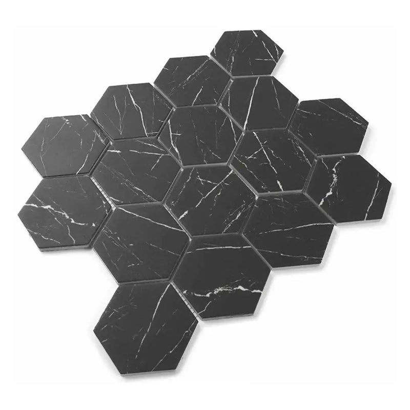 Black with White Vein 10x12 Polished Hexagon Glass Recycled Glass Mosaic Tile (10 pack, 8.29 sq ft/case) by Apollo Tile