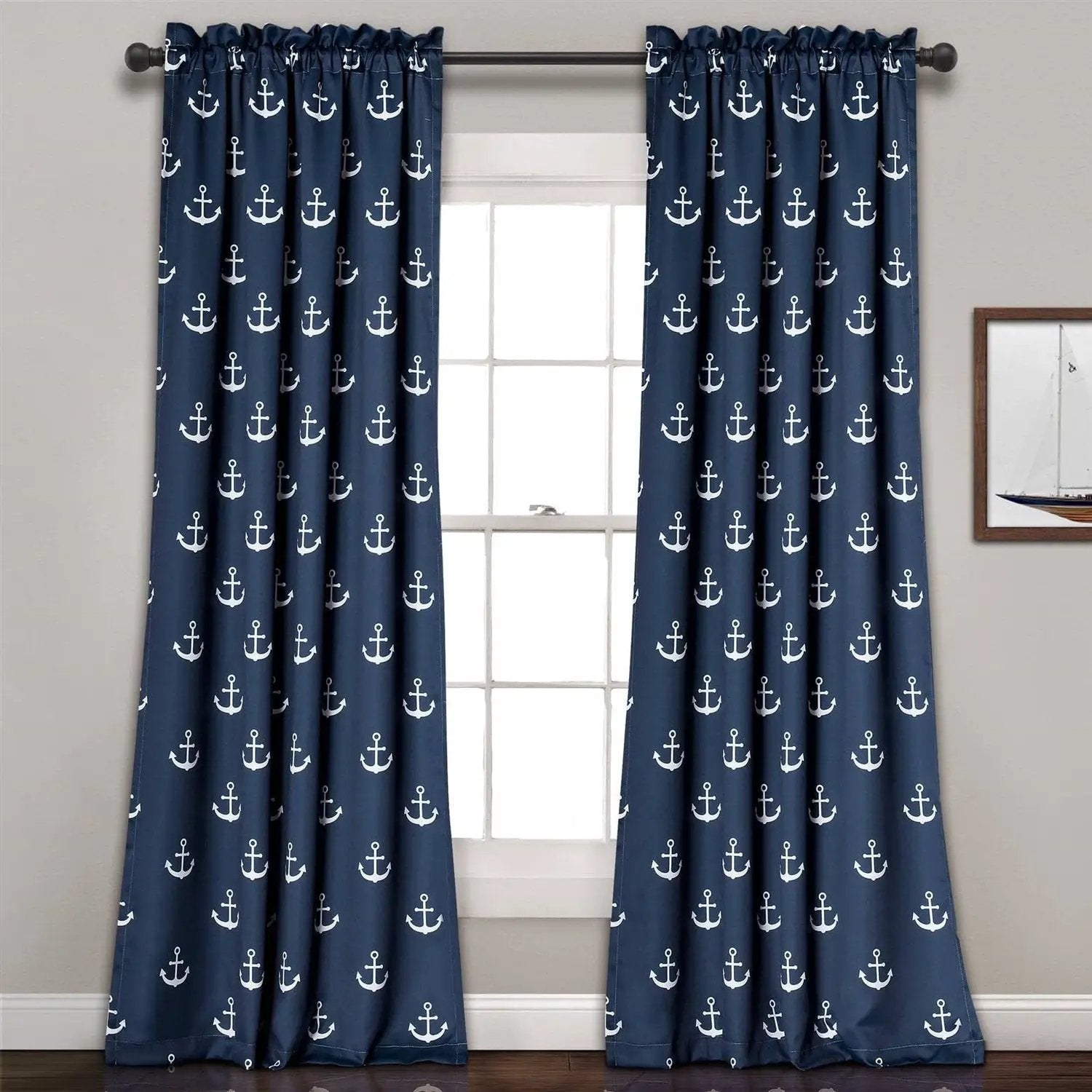2 Panel 84"L x 52"W Navy Nautical Anchors Window Curtain Set by HomePacific
