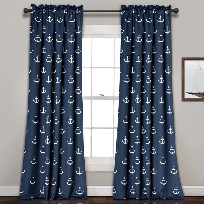 2 Panel 84"L x 52"W Navy Nautical Anchors Window Curtain Set by HomePacific