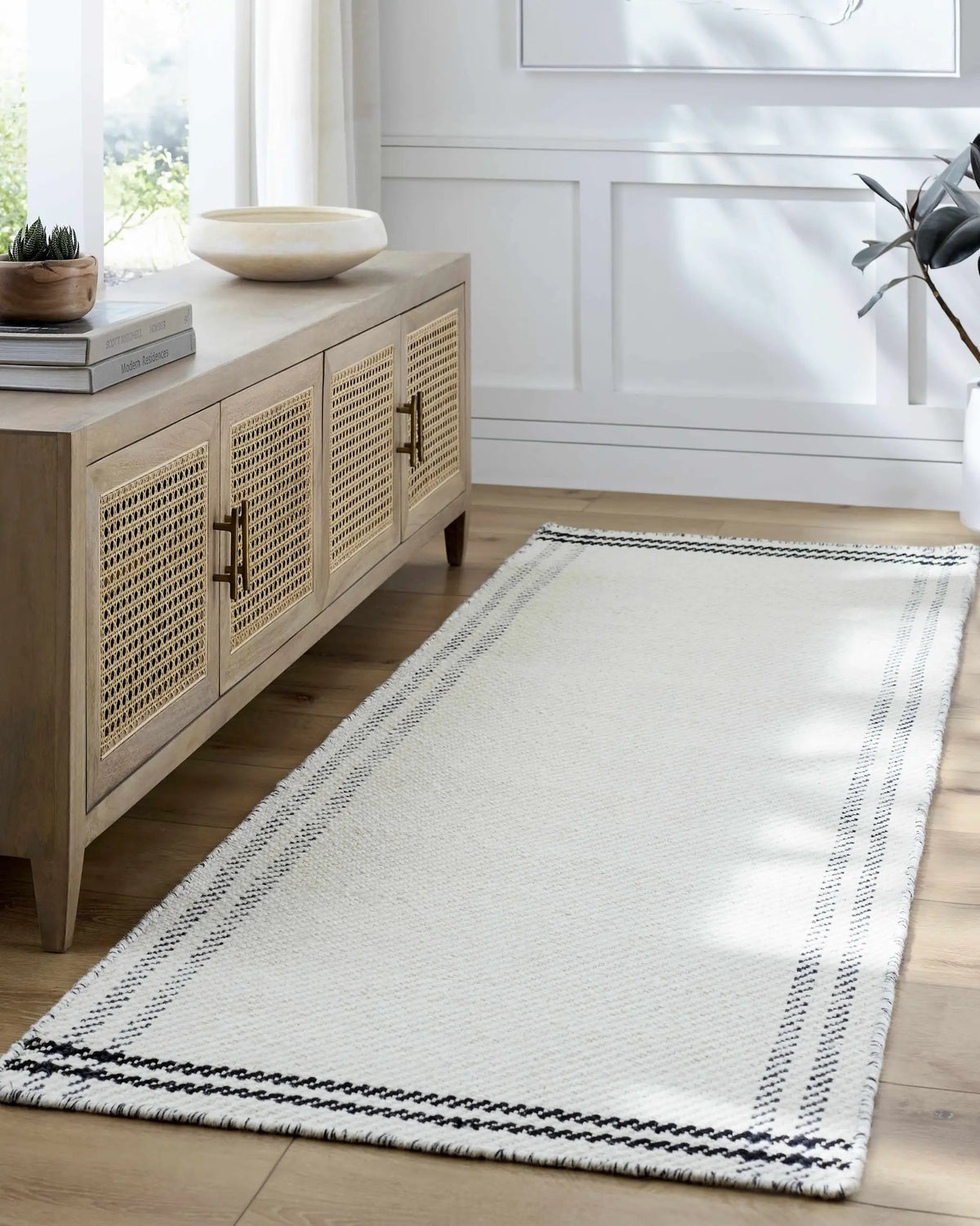 Nimue Cream & Blue Bordered Area Rug - Clearance, installed in a room 2