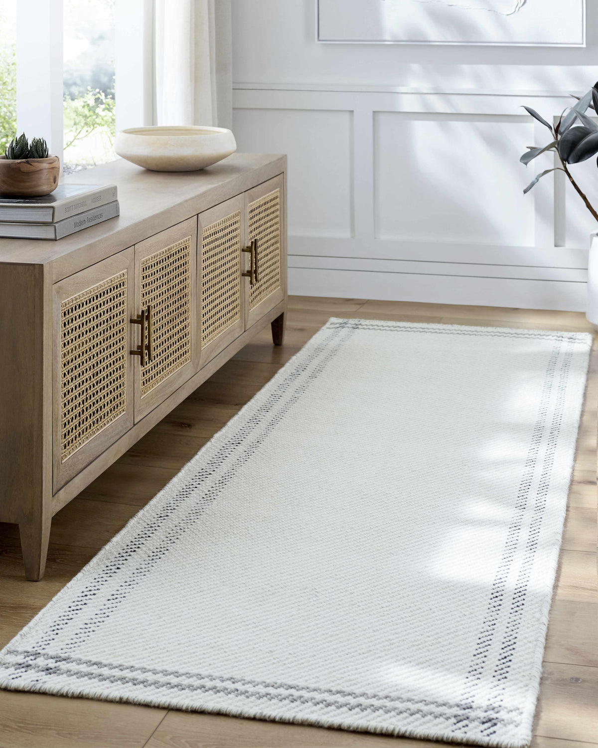 Nimue Cream & Charcoal Bordered Area Rug - Clearance, installed in a room 2