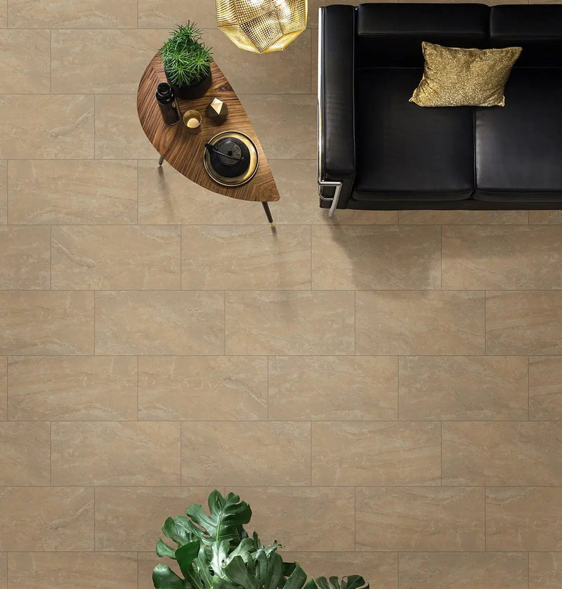 Onyx Sand Polished Bullnose Porcelain Moldings 3x18 in a finished room