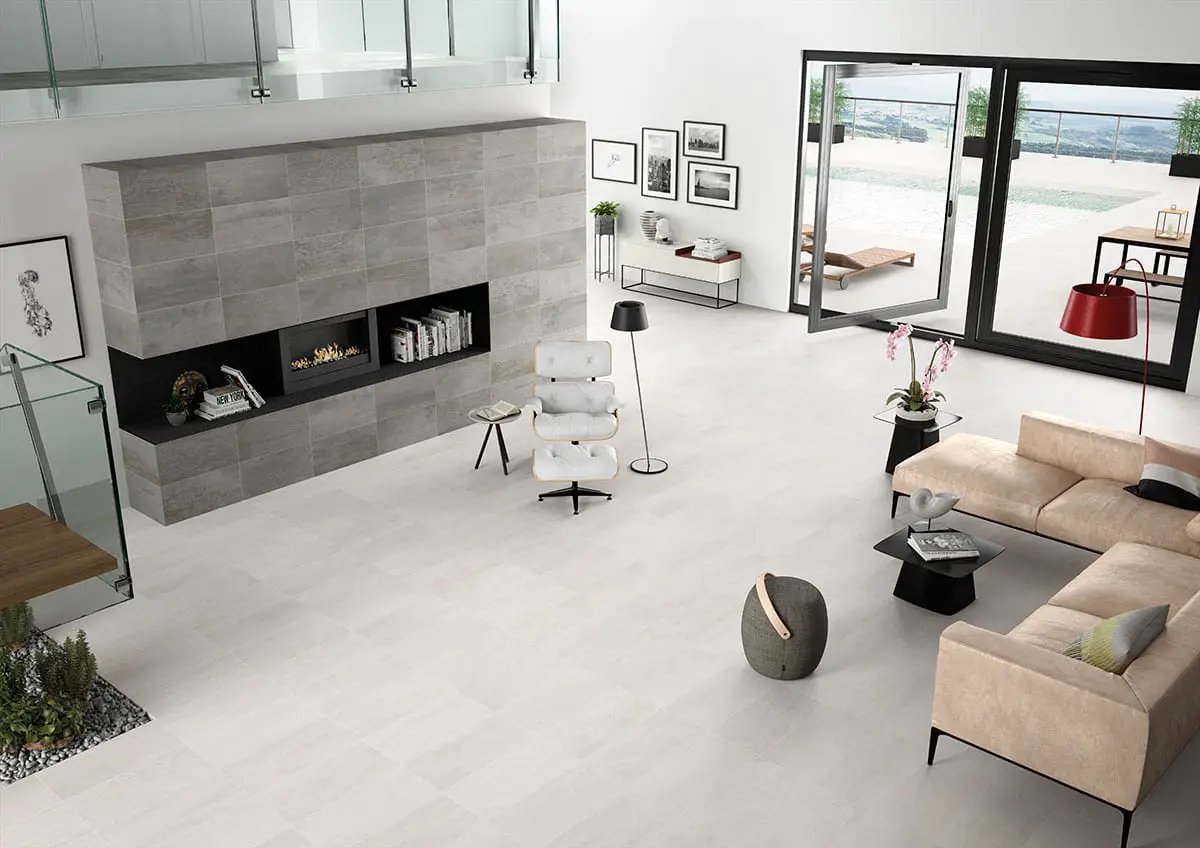 Oxide Blanc Matte Porcelain Tiles 24x48 in a finished room
