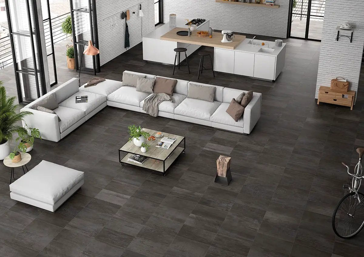 Oxide Iron Matte Porcelain Mosaics 2x2 in a finished room