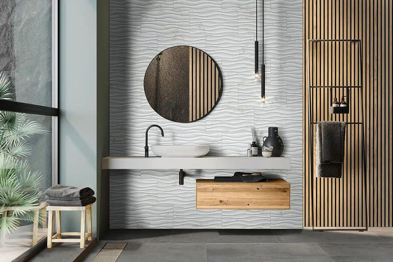 Oxide Magnetite Matte Porcelain Mosaics 2x2 in a finished room