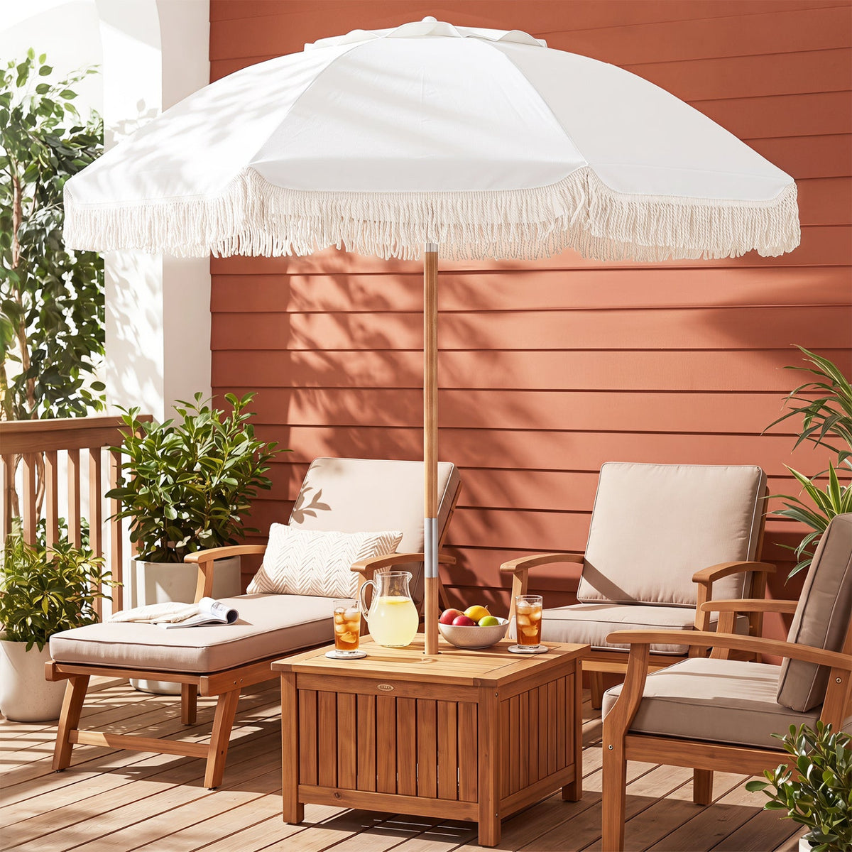 6 Feet Patio Umbrella with Fringe with Push Button Tilt and Wood Pole, photo 9 of 9