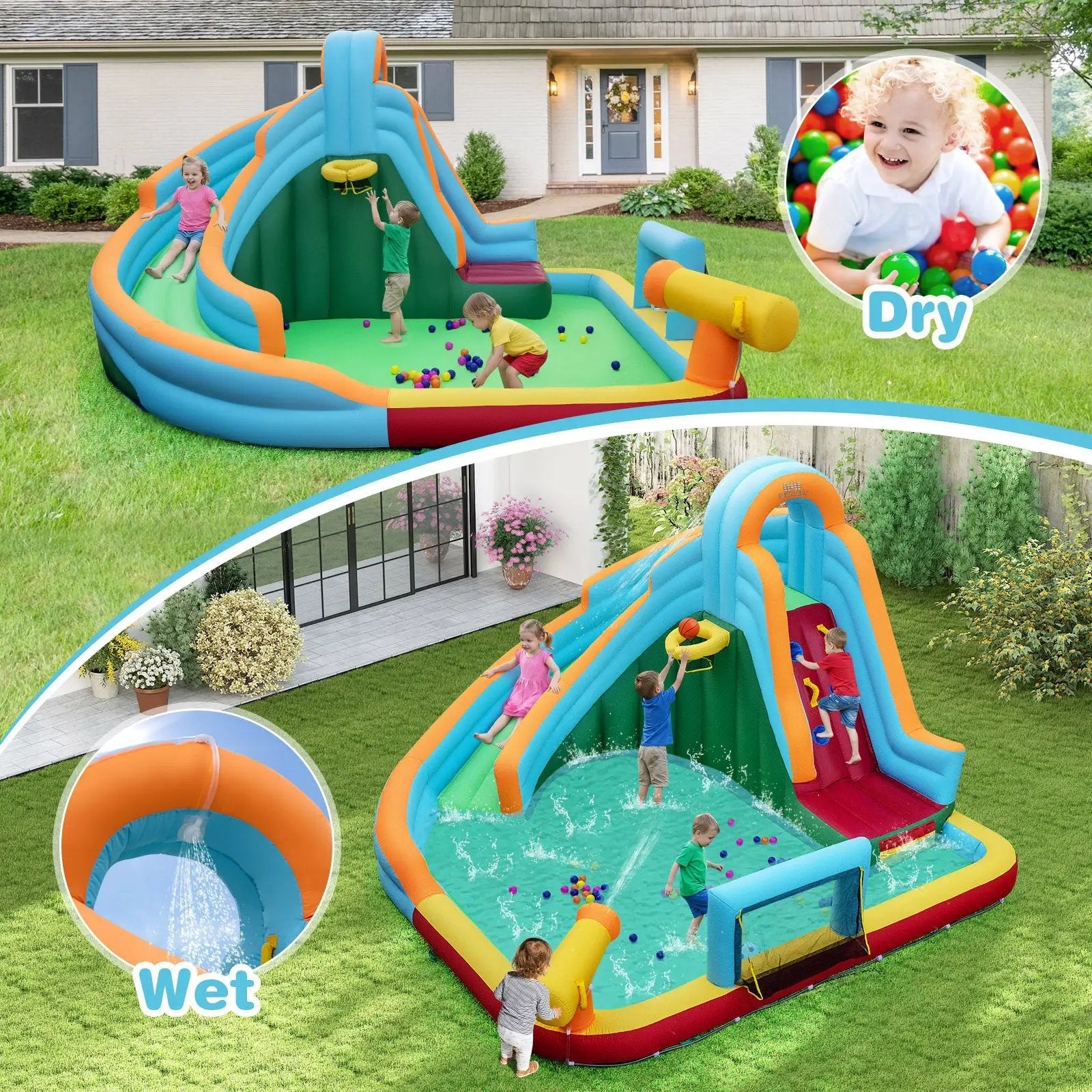 Inflatable Water Slide Park 6-in-1 Giant Bounce House with Long Slide Splash Pool Climbing Wall by DirectDeals