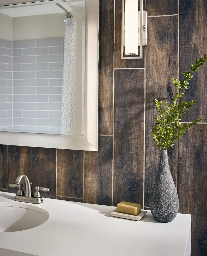 Palmetto Walnut Matte Porcelain Tiles 6x36 in a finished room