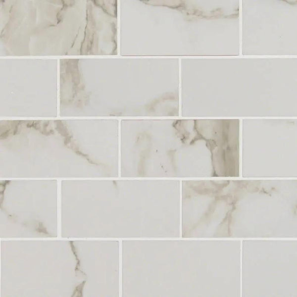 Pietra Calacatta Polished Marble Look Porcelain Mosaics 2x4