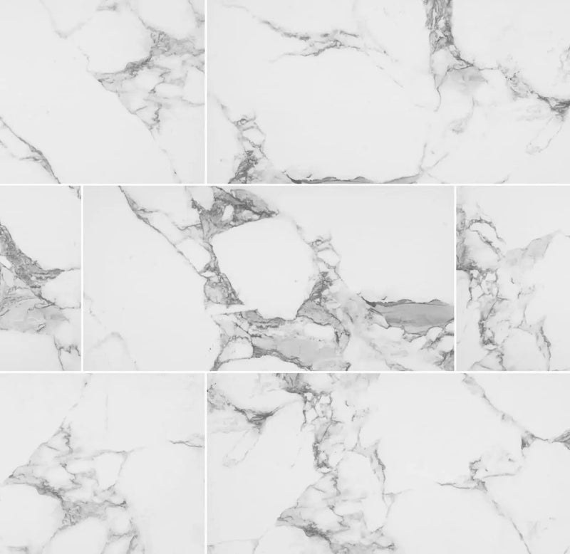 Pietra Statuario Polished Marble Look Porcelain Tiles 12x24 close up
