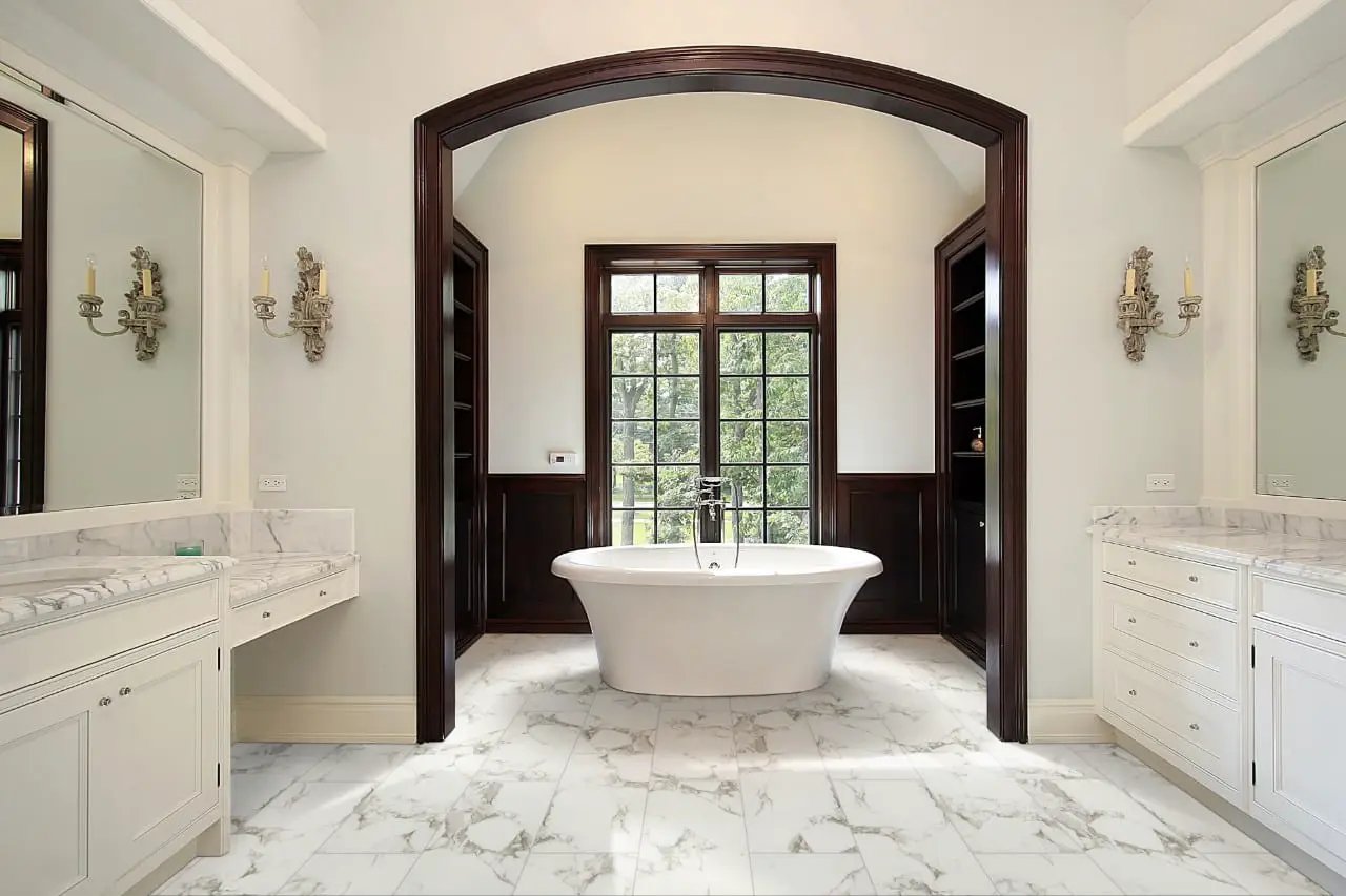 Pietra Statuario Polished Bullnose Marble Look Porcelain Moldings 3x18 in a finished room