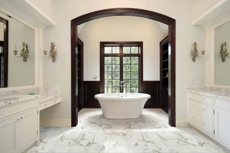 Pietra Statuario Matte Marble Look Porcelain Mosaics 2x2 0.39 inch in a finished room