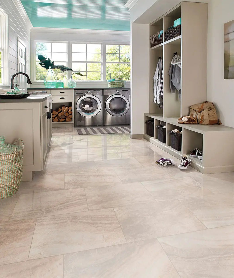 Praia Crema Polished Porcelain Tiles 24x48 in a finished room