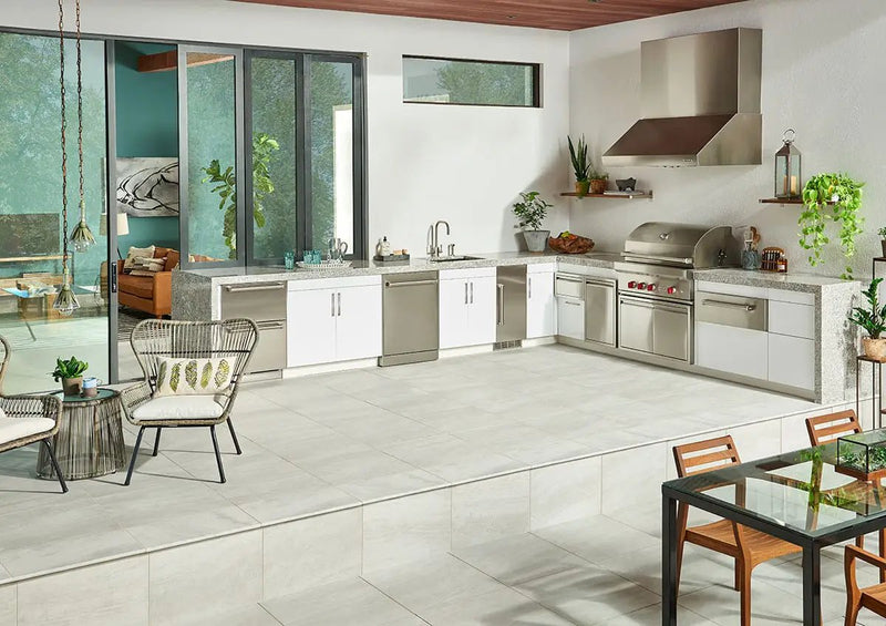 Praia Grey Polished Porcelain Tiles 12x24 in a finished room