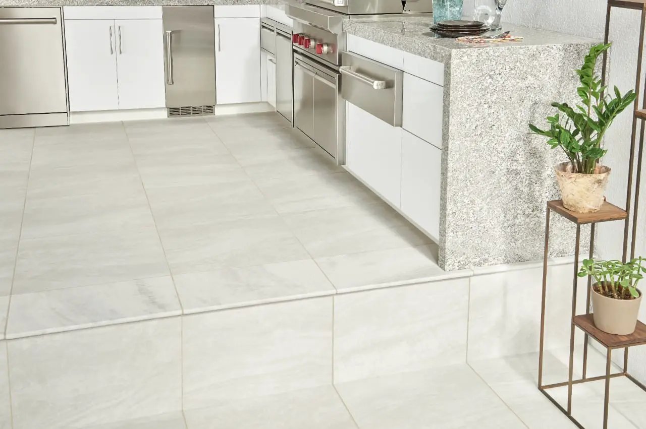 Praia Grey Matte Bullnose Marble Look Porcelain Moldings 3x24 in a finished room