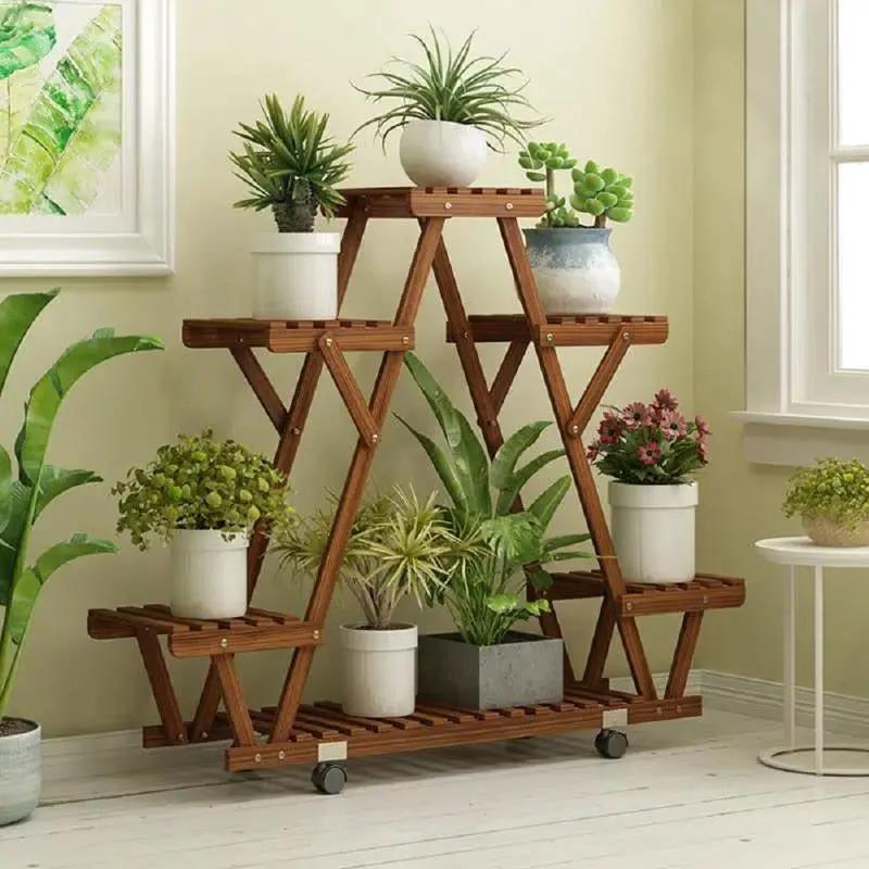 Indoor Outdoor Solid Wood Triangular Multi-Tier Plant Stand with Locking Wheels by HomePacific