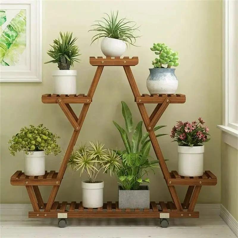 Indoor Outdoor Solid Wood Triangular Multi-Tier Plant Stand with Locking Wheels by HomePacific