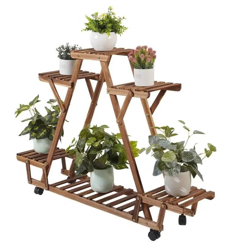 Indoor Outdoor Solid Wood Triangular Multi-Tier Plant Stand with Locking Wheels by HomePacific