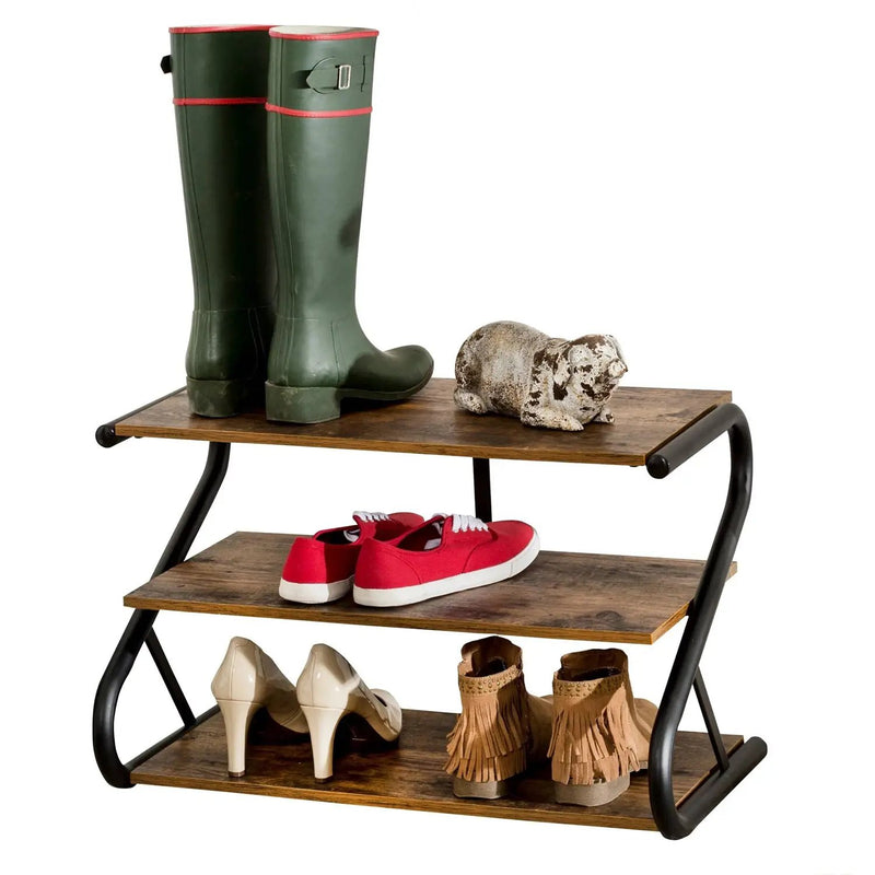Modern Industrial Metal Wood 3-Tier Shoe Rack - Holds up to 9 Pair of Shoes by HomePacific