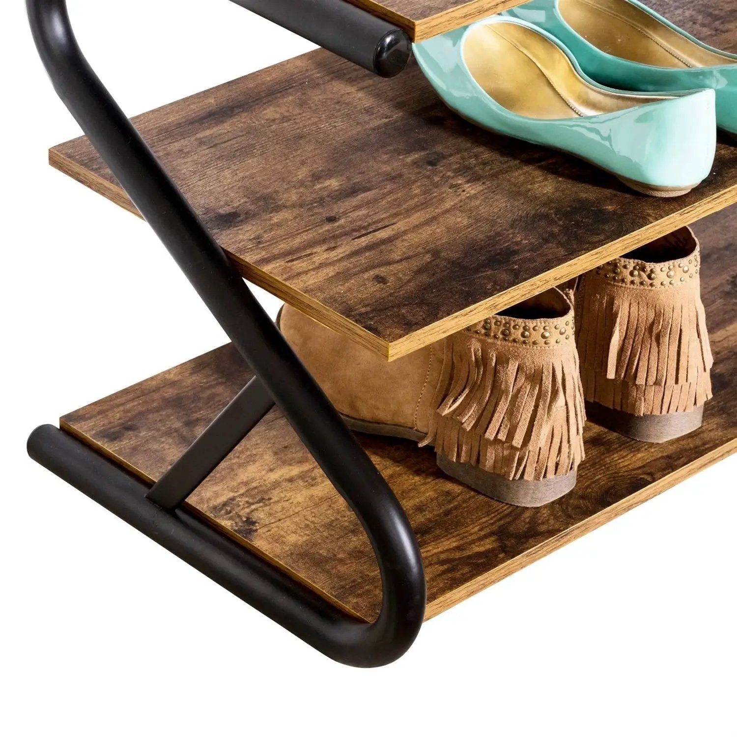 Modern Industrial Metal Wood 3-Tier Shoe Rack - Holds up to 9 Pair of Shoes by HomePacific