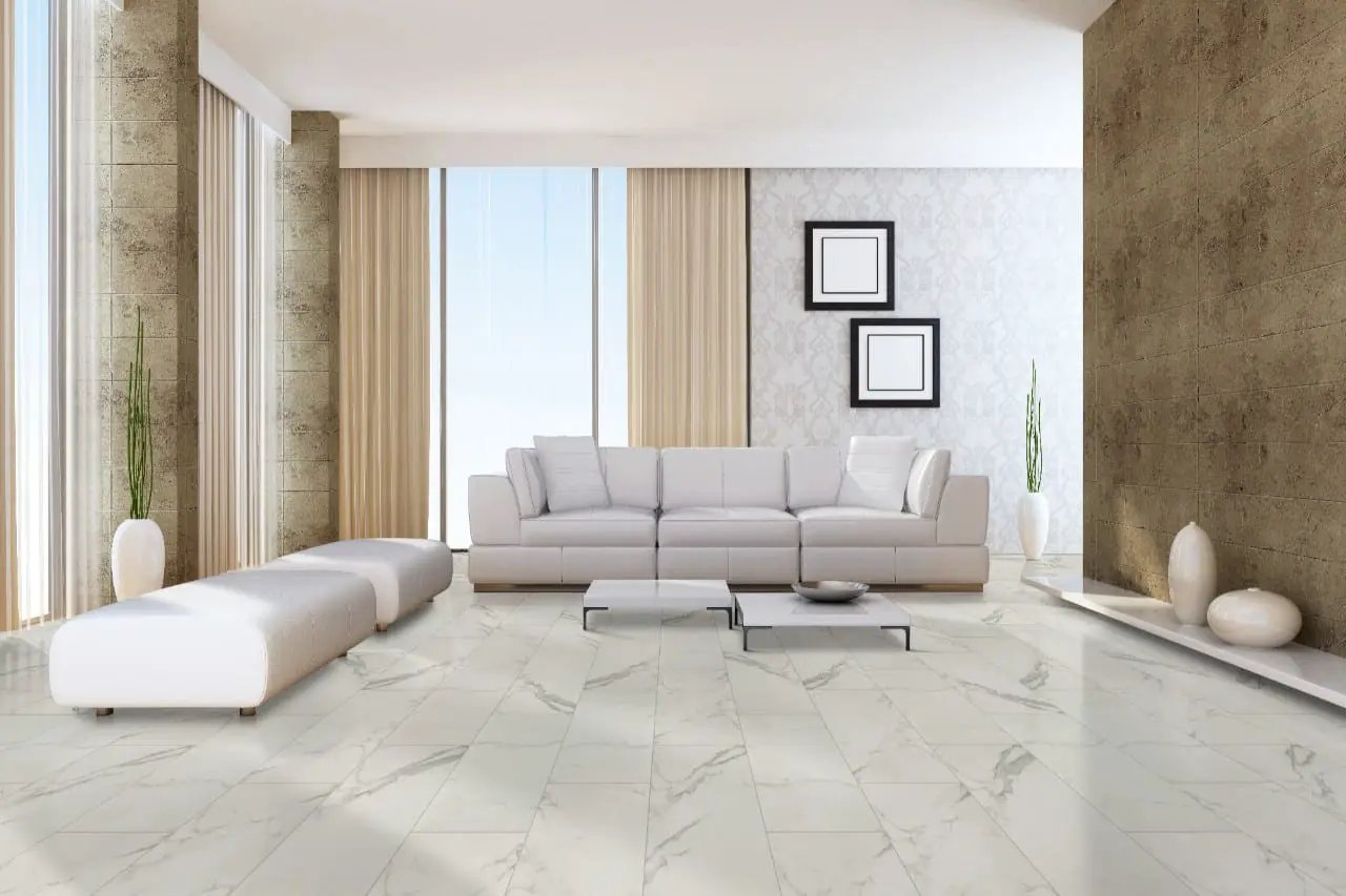 Regallo Calacatta Isla Polished Marble Look Porcelain Tiles 24x24 in a finished room