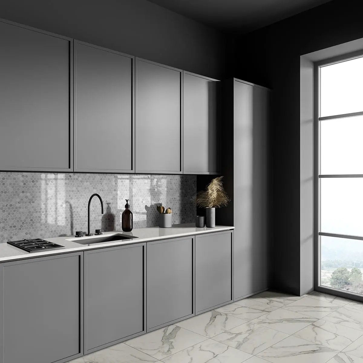 Regallo Calacatta Isla Matte Marble Look Porcelain Mosaics 2x2 in a finished room