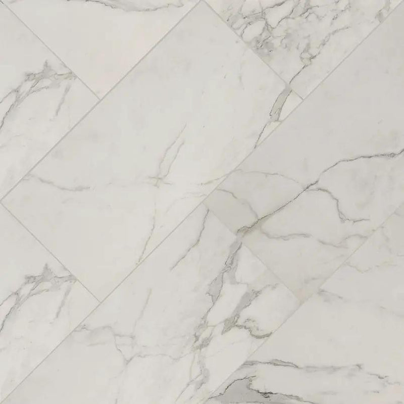 Regallo Calacatta Isla Polished Marble Look Porcelain Tiles 12x24 angled view