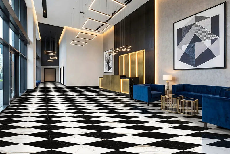 Regallo Calacatta Marbella Polished Marble Look Porcelain Tiles 12x24 in a finished room