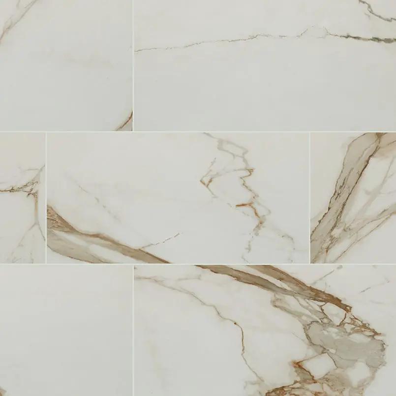 Regallo Calacatta Marbella Polished Marble Look Porcelain Tiles 12x24 close up
