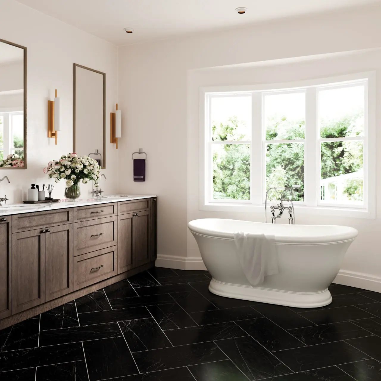Regallo Marquina Noir Matte Bullnose Marble Look Porcelain Moldings 3x24 in a finished room