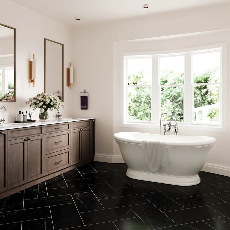 Regallo Marquina Noir Polished Marble Look Porcelain Tiles 24x48 in a finished room