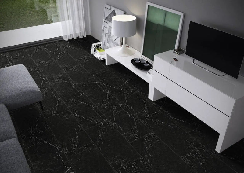 Regallo Marquina Noir Matte Marble Look Porcelain Tiles 24x48 in a finished room