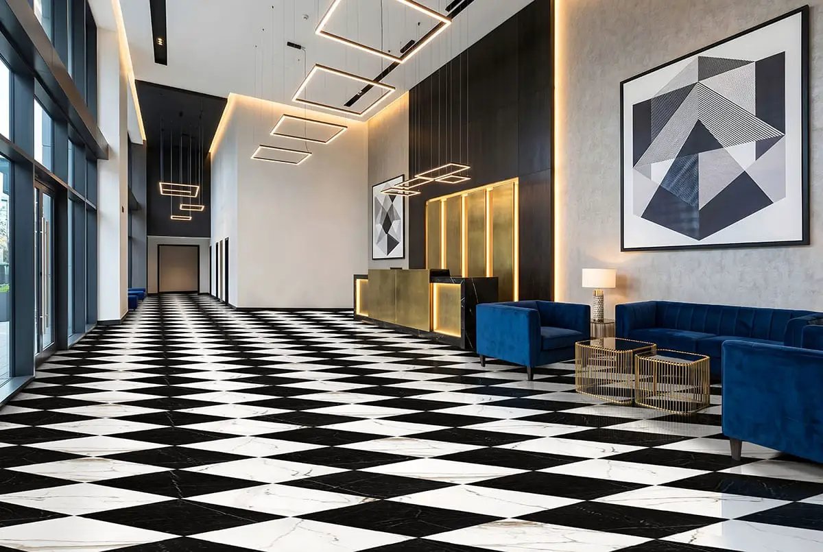 Regallo Marquina Noir Polished Marble Look Porcelain Tiles 24x24 in a finished room