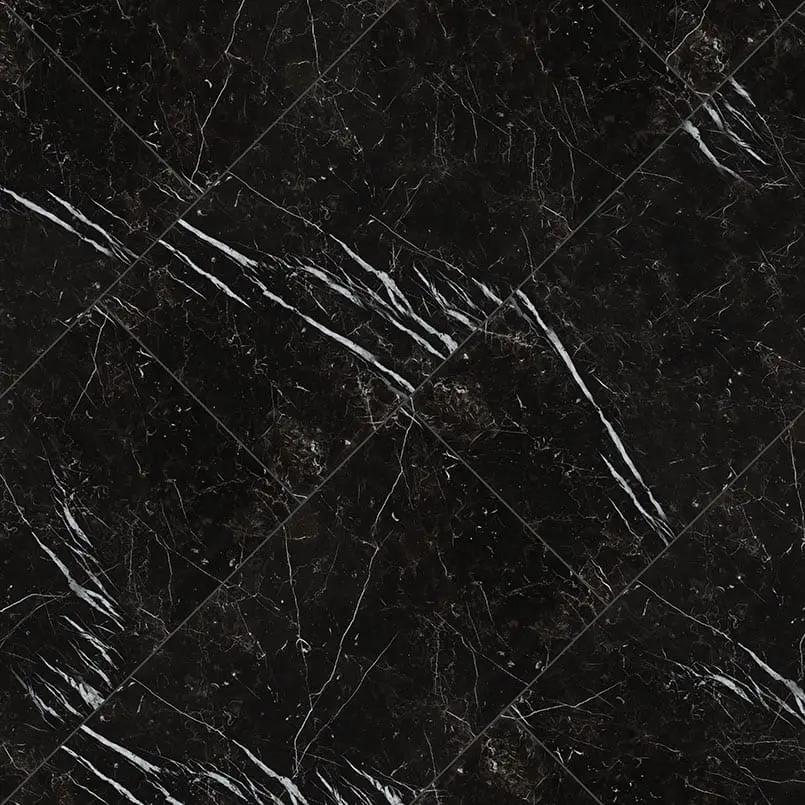 Regallo Marquina Noir Polished Marble Look Porcelain Tiles 24x24 angled view