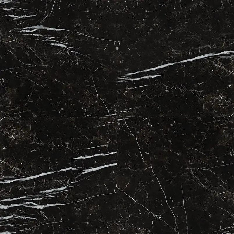 Regallo Marquina Noir Polished Marble Look Porcelain Tiles 24x24 close up